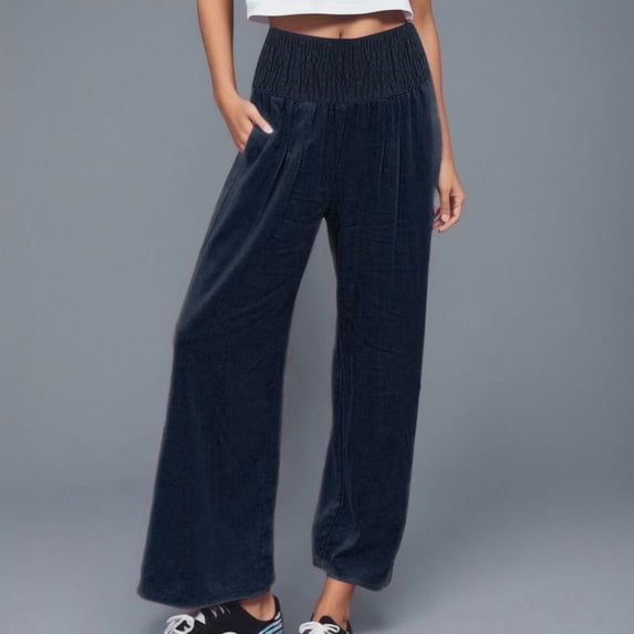 Blue Women's Casual Pants, High Waist Wide Leg Palazzo Pants For Women Smocked Elastic Waist Loose Comfy Casual Pajama Pants Pockets,Women's Casual Pants XXL