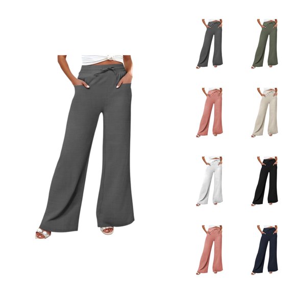 Women's Casual Pants High Waist Wide Leg Trousers with Drawstring Belt and Pockets for Everyday Wear and Stylish Outfits