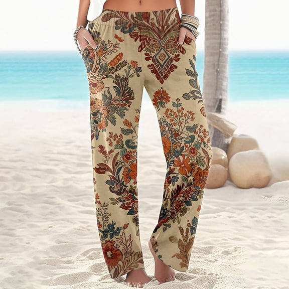 Women's Casual Pants High Waisted Bohemian Beach Style For Everyday Wear Spring And Summer AI Basic Print Design Dress Pants Women Business Casual Womens Pants Straight Leg Solid Drawstring Casual