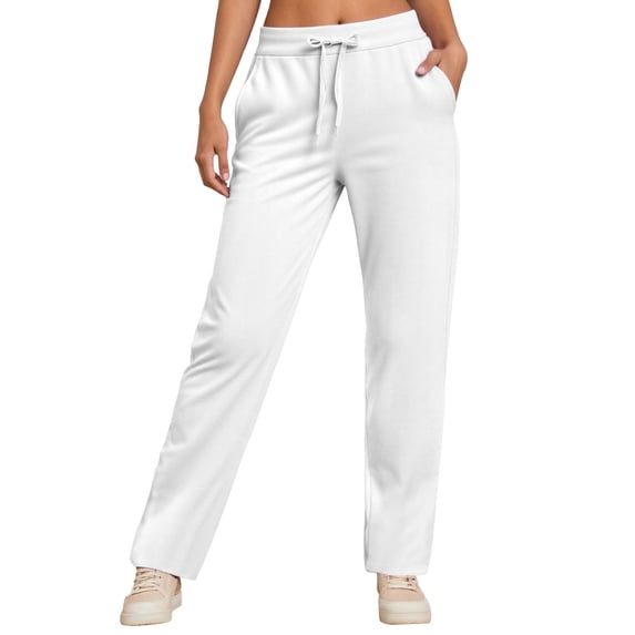 Women's Casual Pants High Waisted Straight Leg Pants Elastic Waistband Comfortable Solid Trousers for Daily Wear Autumn Winter A-White S