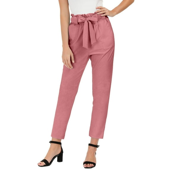 Women's Casual Pants High Waisted Trousers For Daily Wear Vacation Comfortable Tied Waist 9 Length Cropped Pants With Bow Detail