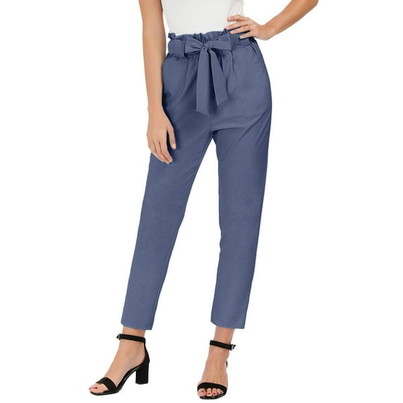 Women's Casual Pants High Waisted Trousers For Daily Wear Vacation Comfortable Tied Waist 9 Length Cropped Pants With Bow Detail