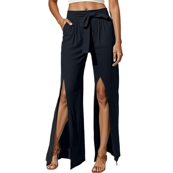 Women's Casual Pants High Waisted Wide Leg Summer Lightweight Split Hem Comfortable Wear Stretchy Soft Breathable Fabric Loose Fit Trousers