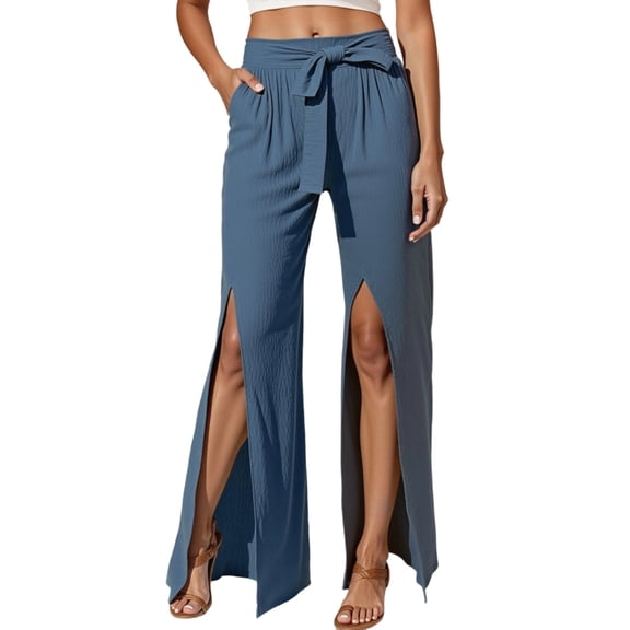 Women's Casual Pants High Waisted Wide Leg Summer Lightweight Split Hem Comfortable Wear Stretchy Soft Breathable Fabric Loose Fit Trousers