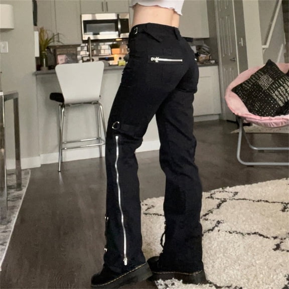 Women's Casual Pants Jeans Women Aesthetic Dark Goth Pants Academia Vintage Streetwear Punk Straight Casual Denim Trousers,Black Women's Casual Pants L