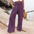 thumbnail image 1 of Women's Casual Pants Linen Pants Women Comfy Baggy Wide Leg Pants Summer Flowy High Waisted Palazzo Beach Pants Trousers With Pockets,Purple Women's Casual Pants XXXL, 1 of 6