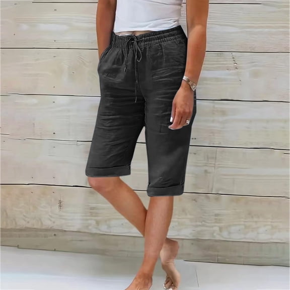 Women's Casual Pants Linen Shorts For Women Knee Length Shorts Casual Drawstring Elastic Waist Shorts Loose Athletic Beach Shorts,Black Women's Casual Pants S