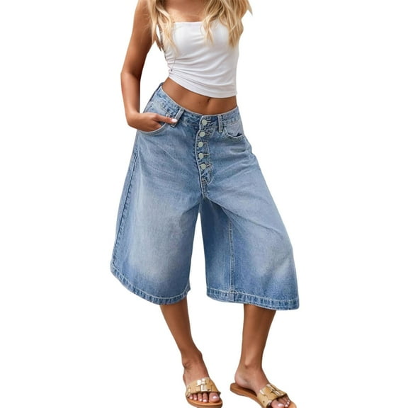 Women's Casual Pants Loose Fit Wide Leg Cropped Capri Trousers Comfortable Summer Spring Fall Everyday Wear Button Detail