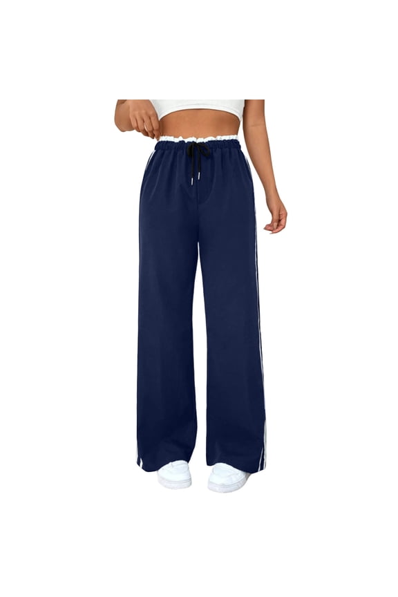 Women's Casual Pants Patchwork Elastic High Waist Drawstring Wide Leg Stripes Trousers Loose Stylish Pant (S, Dark Blue)