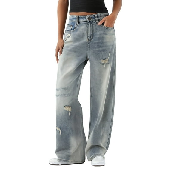 Women's Casual Pants Personality Plus Size Jeans Wide Leg Trousers Loose Fit Mop Pants for Everyday and Business Wear