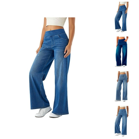 Women's Casual Pants Pull On Wide Leg Jeans For Women High Waisted Stretchy Baggy Straight Leg Denim Pants for Comfortable Everyday Wear