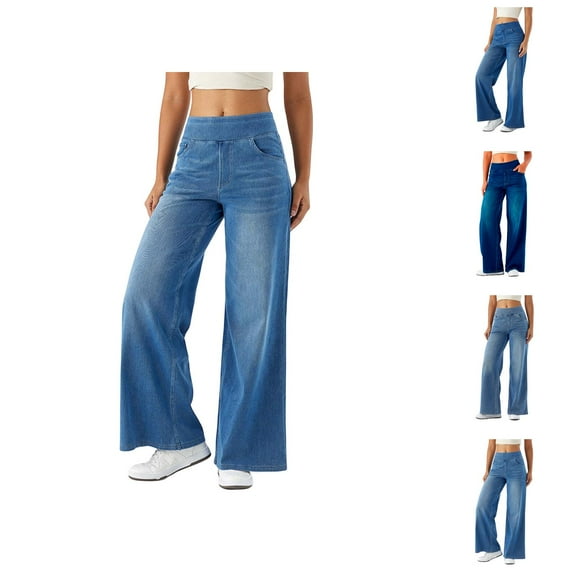 Women's Casual Pants Pull On Wide Leg Jeans For Women High Waisted Stretchy Baggy Straight Leg Denim Pants for Comfortable Everyday Wear