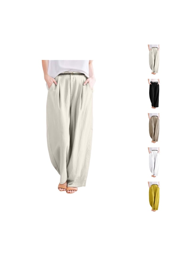 Women's Casual Pants Retro Embroidered Linen Wide Leg Pants for Women Summer Trousers with Comfortable Draping Style