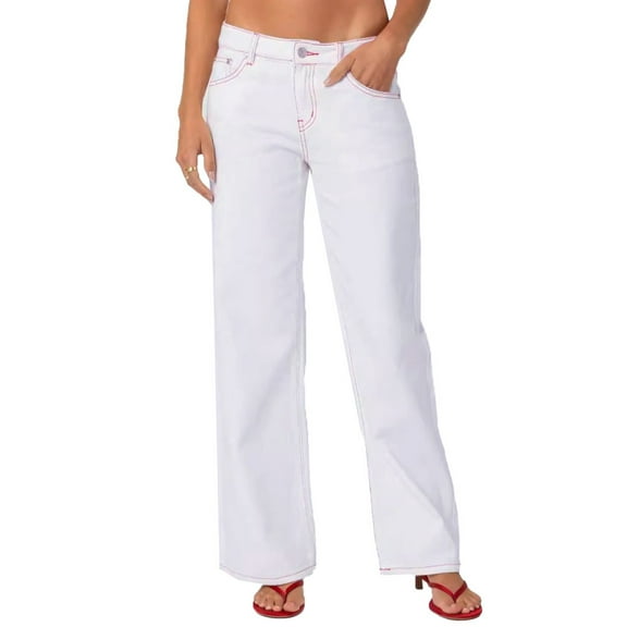 Women's Casual Pants Solid Color Bow Strawberry Embroidery Loose Straight Leg Jeans Comfortable Versatile Stylish