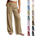 thumbnail image 1 of Women's Casual Pants Solid Color Cotton Linen High Waisted Drawstring Elastic Waist Pants with Pockets S-2XL, 1 of 8