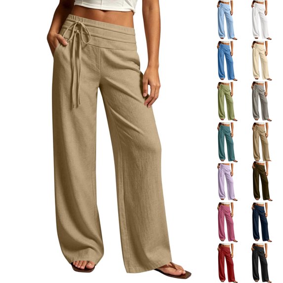 Women's Casual Pants Solid Color Cotton Linen High Waisted Drawstring Elastic Waist Pants with Pockets S-2XL