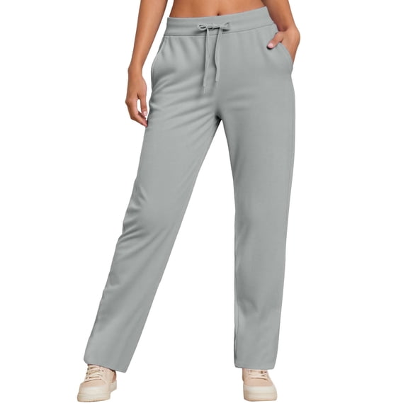 Women's Casual Pants Solid Color High Waisted Straight Leg Elastic Waistband Gym Trousers with Pockets Comfortable Fall Winter Athletic Sport Womens Slacks Grey M