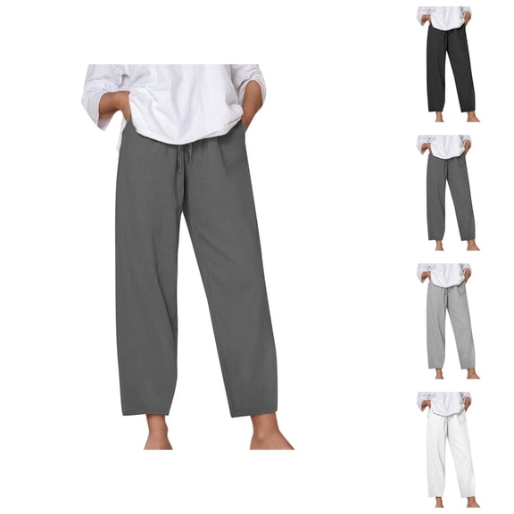 Women Pants Wide Leg Pants Women's Casual Pants Solid Color Loose Comfort Linen Drawstring Elastic Waist Pocket Straight Leg Trousers for Everyday Use
