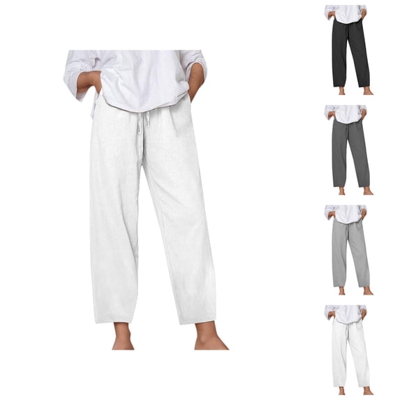 Women Pants Wide Leg Pants Women's Casual Pants Solid Color Loose Comfort Linen Drawstring Elastic Waist Pocket Straight Leg Trousers for Everyday Use
