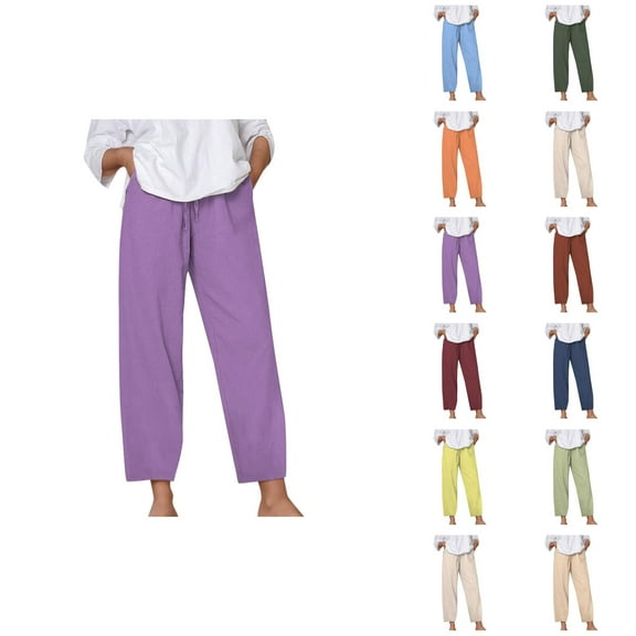 Women's Casual Pants Solid Color Loose Comfort Linen Drawstring Elastic Waist Pocket Straight Leg Trousers for Everyday Wear