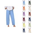 thumbnail image 1 of Women's Casual Pants Solid Color Loose Comfort Linen Drawstring Elastic Waist Pocket Straight Leg Trousers for Everyday Wear, 1 of 9