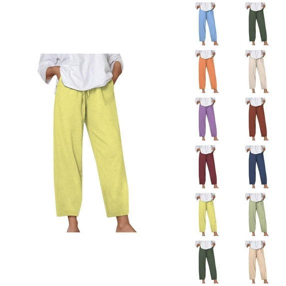 Women's Casual Pants Solid Color Loose Comfort Linen Drawstring Elastic Waist Pocket Straight Leg Trousers for Everyday Wear