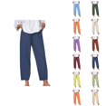thumbnail image 1 of Women's Casual Pants Solid Color Loose Comfort Linen Drawstring Elastic Waist Pocket Straight Leg Trousers for Everyday Wear, 1 of 9