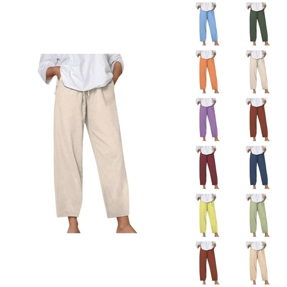 Women's Casual Pants Solid Color Loose Comfort Linen Drawstring Elastic Waist Pocket Straight Leg Trousers for Everyday Wear