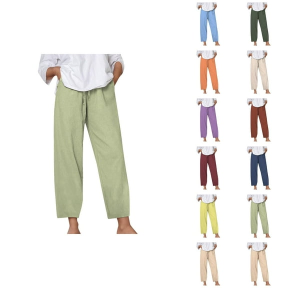 Women's Casual Pants Solid Color Loose Comfort Linen Drawstring Elastic Waist Pocket Straight Leg Trousers for Everyday Wear