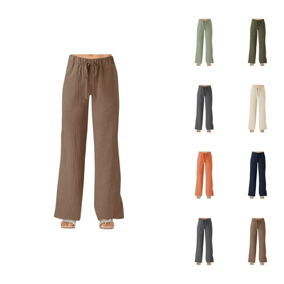 Womens Casual Pants Wide Leg Pants Women's Casual Pants Solid Color Strapped Pockets Loose Wide Leg Linen Trousers for Everyday Wear