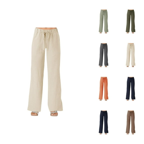 Womens Casual Pants Wide Leg Pants Women's Casual Pants Solid Color Strapped Pockets Loose Wide Leg Linen Trousers for Everyday Wear