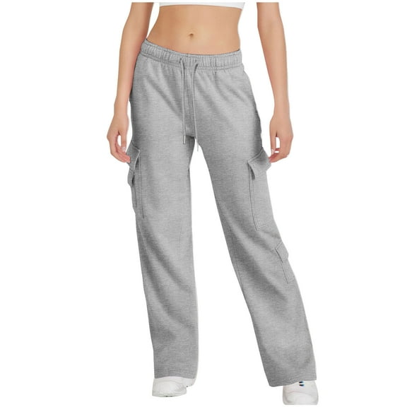 ZQUUVOU Women's Casual Pants Solid Color Wide Leghigh Waist Workwear Straight Leg Pants Loose Sports Pocket Pants Long Pants Gray