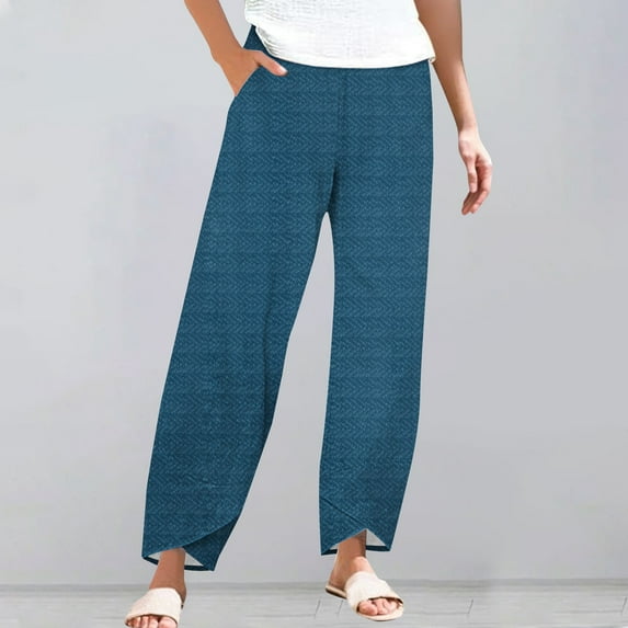 Women's Casual Pants Striped Linen Pants For Women Summer Casual Wide Leg Pants With Pockets Comfy Cropped Palazzo Pants,Blue Women's Casual Pants L