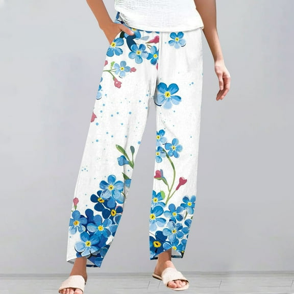 Women's Casual Pants Striped Linen Pants For Women Summer Casual Wide Leg Pants With Pockets Comfy Cropped Palazzo Pants,Blue Women's Casual Pants S