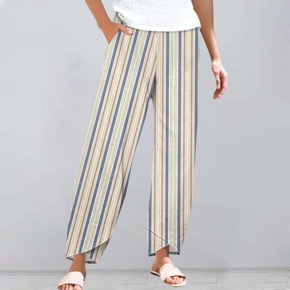 Women's Casual Pants Striped Linen Pants For Women Summer Casual Wide Leg Pants With Pockets Comfy Cropped Palazzo Pants,Gold Women's Casual Pants M