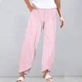 thumbnail image 1 of Women's Casual Pants Striped Linen Pants For Women Summer Casual Wide Leg Pants With Pockets Comfy Cropped Palazzo Pants,Pink Women's Casual Pants S, 1 of 5