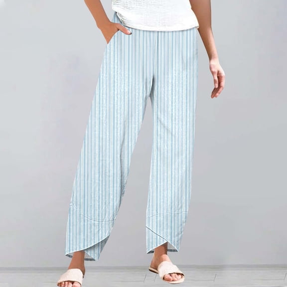 Women's Casual Pants Striped Linen Pants For Women Summer Casual Wide Leg Pants With Pockets Comfy Cropped Palazzo Pants,Blue Women's Casual Pants XXXL
