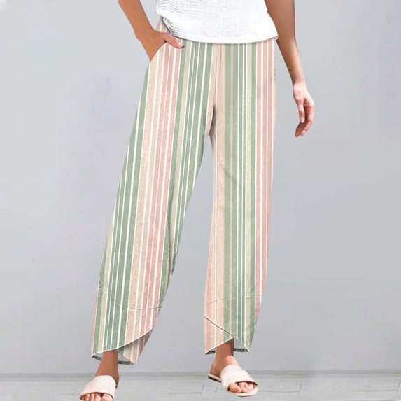 Women's Casual Pants Striped Linen Pants For Women Summer Casual Wide Leg Pants With Pockets Comfy Cropped Palazzo Pants,Green Women's Casual Pants XXXL