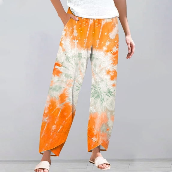 Women's Casual Pants Striped Linen Pants For Women Summer Casual Wide Leg Pants With Pockets Comfy Cropped Palazzo Pants,Orange Women's Casual Pants L