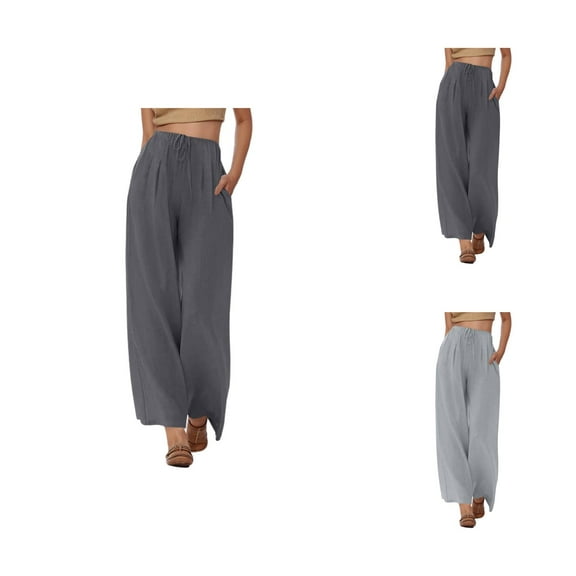 Women's Casual Pants Summer High Waisted Drawstring Linen Wide Leg Beach Trousers With Pockets Comfortable Pure Color Loose Fit For Travel Relaxation