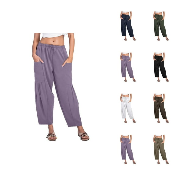 Pants for Women Wide Leg Pants Woman Women's Casual Pants Summer Solid Color Wide Leg Loose Drawstring Low Waist Beach Pocket Casual Trousers for Everyday Wear