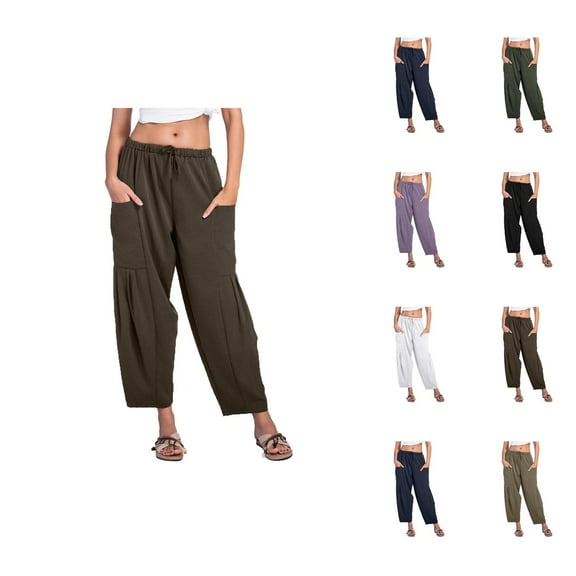Pants for Women Wide Leg Pants Woman Women's Casual Pants Summer Solid Color Wide Leg Loose Drawstring Low Waist Beach Pocket Casual Trousers for Everyday Wear