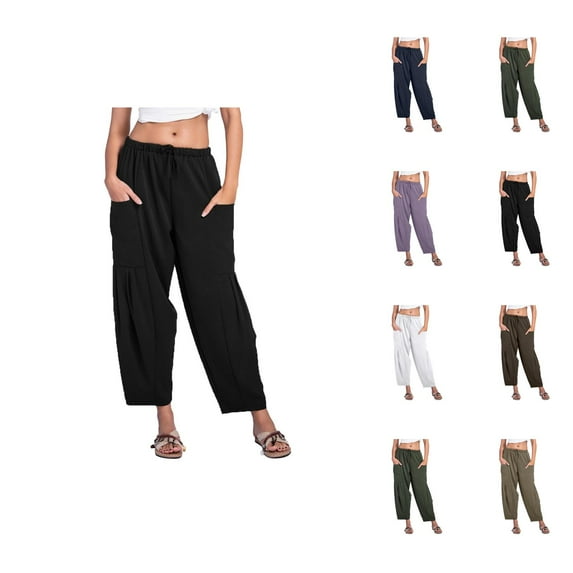 Pants for Women Wide Leg Pants Woman Women's Casual Pants Summer Solid Color Wide Leg Loose Drawstring Low Waist Beach Pocket Casual Trousers for Everyday Wear