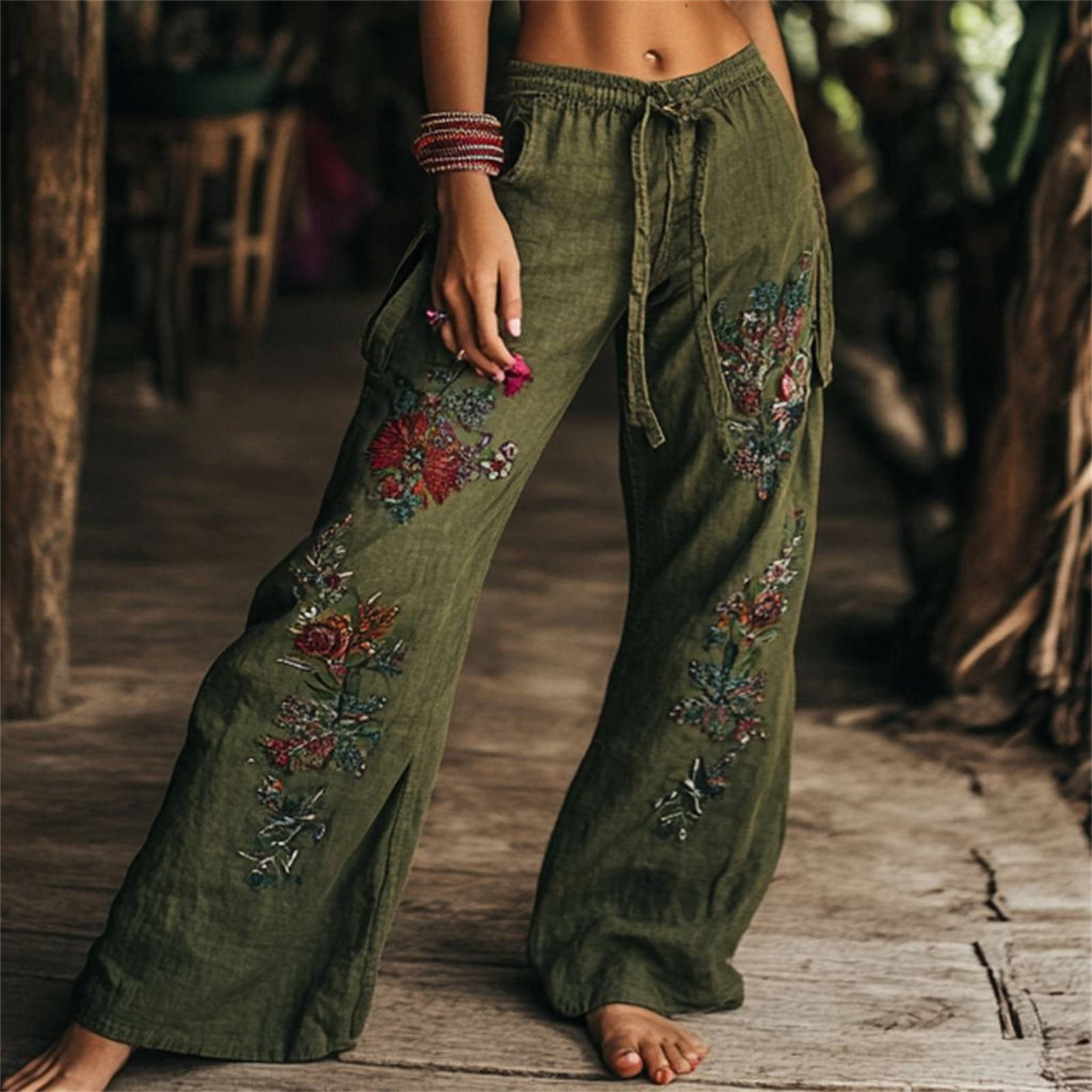 Women's Casual Pants Vintage Floral Art Printed Cotton Linen Wide Leg ...