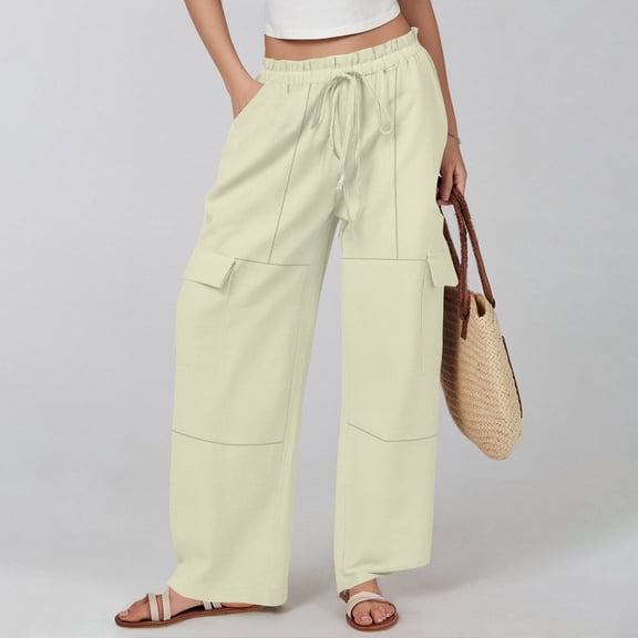 Women's Casual Pants Wide Leg Linen Cotton Blend Drawstring Waist Loose Fit with Side Pockets Summer Comfort Lightweight Comfy Beige S-2XL