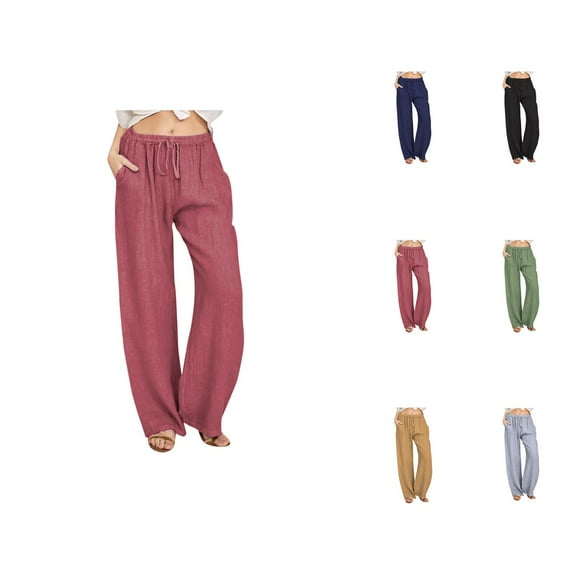 Women's Casual Pants Wide Leg Long Drawstring Elastic Solid Linen Trousers for Comfortable Everyday Wear
