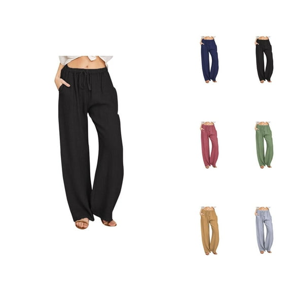 Women's Casual Pants Wide Leg Long Drawstring Elastic Solid Linen Trousers for Comfortable Everyday Wear