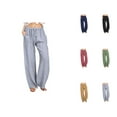 thumbnail image 1 of Women's Casual Pants Wide Leg Long Drawstring Elastic Solid Linen Trousers for Comfortable Everyday Wear, 1 of 9