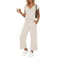 thumbnail image 1 of Women's Casual Pants Wide Leg Pants Two Piece Sets For Women Summer Outfits Sets V Neck Tops Wide Leg Pants Woman Travel Outfits, 1 of 5