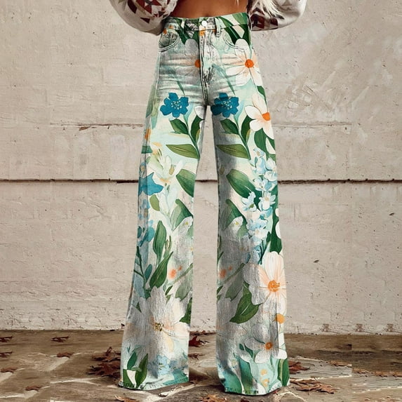 Women's Casual Pants Wide Leg Pants Woman High Waist Floral Patterned Pants Lightweight Loose Fit Casual Colorful Trouser Imitation Jeans,Blue Women's Casual Pants XXXL